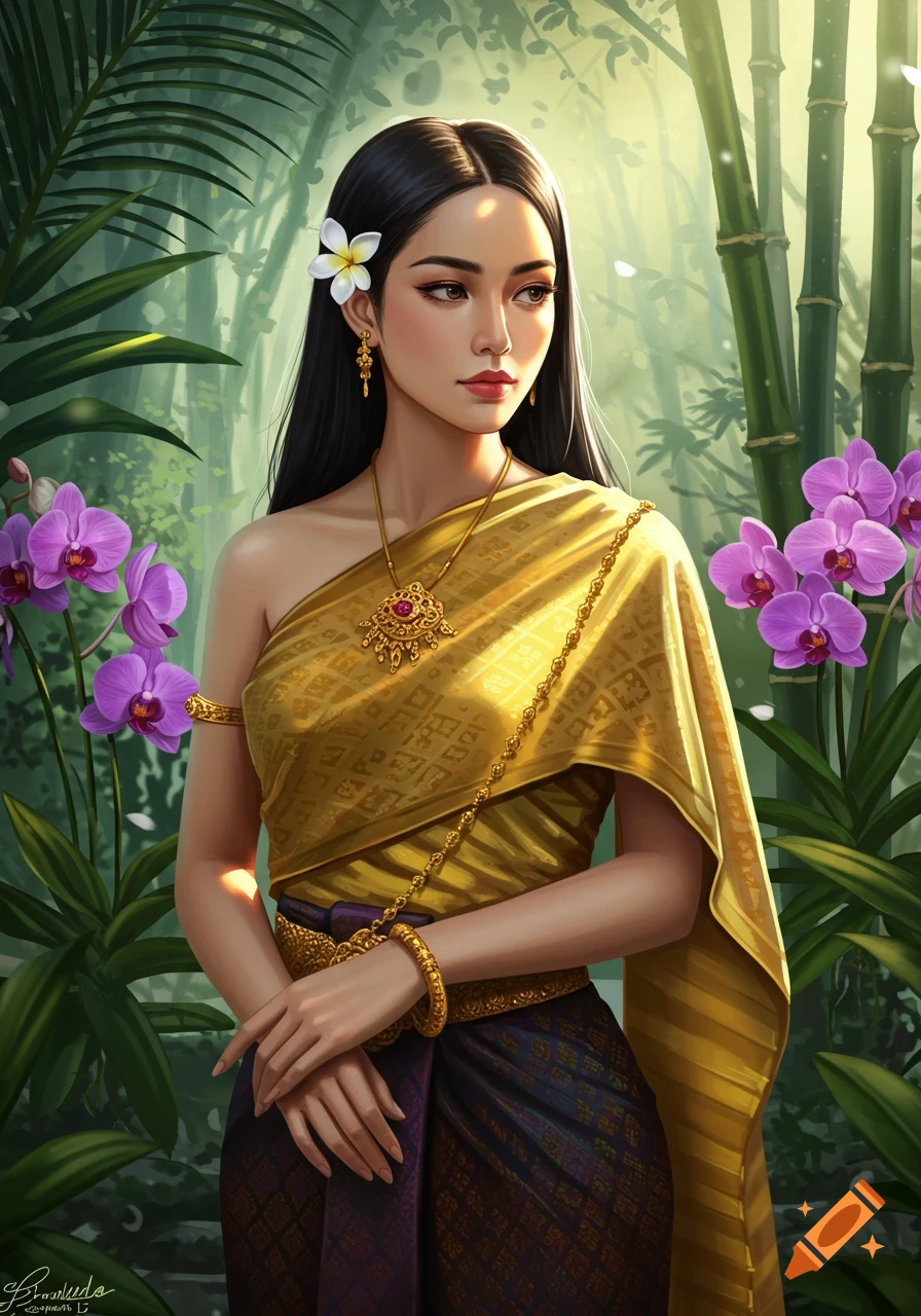 An attractive Thai woman in traditional golden attire and a purple skirt, wearing a white flower in her hair, standing amidst green bamboo and purple orchids.