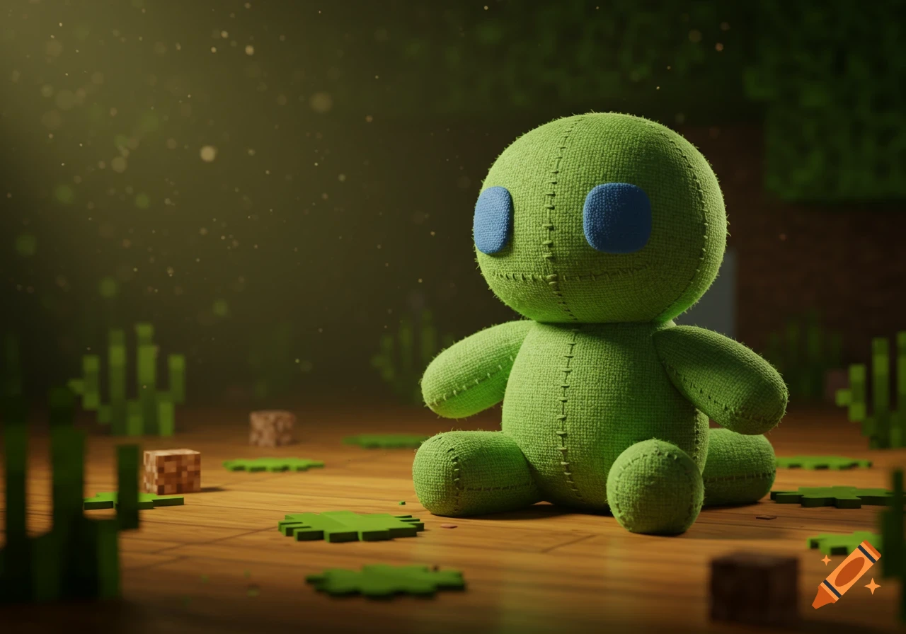A green plush toy with blue eyes sits on a wooden floor in a dimly lit, pixelated Minecraft-like scene with grass and blocks.