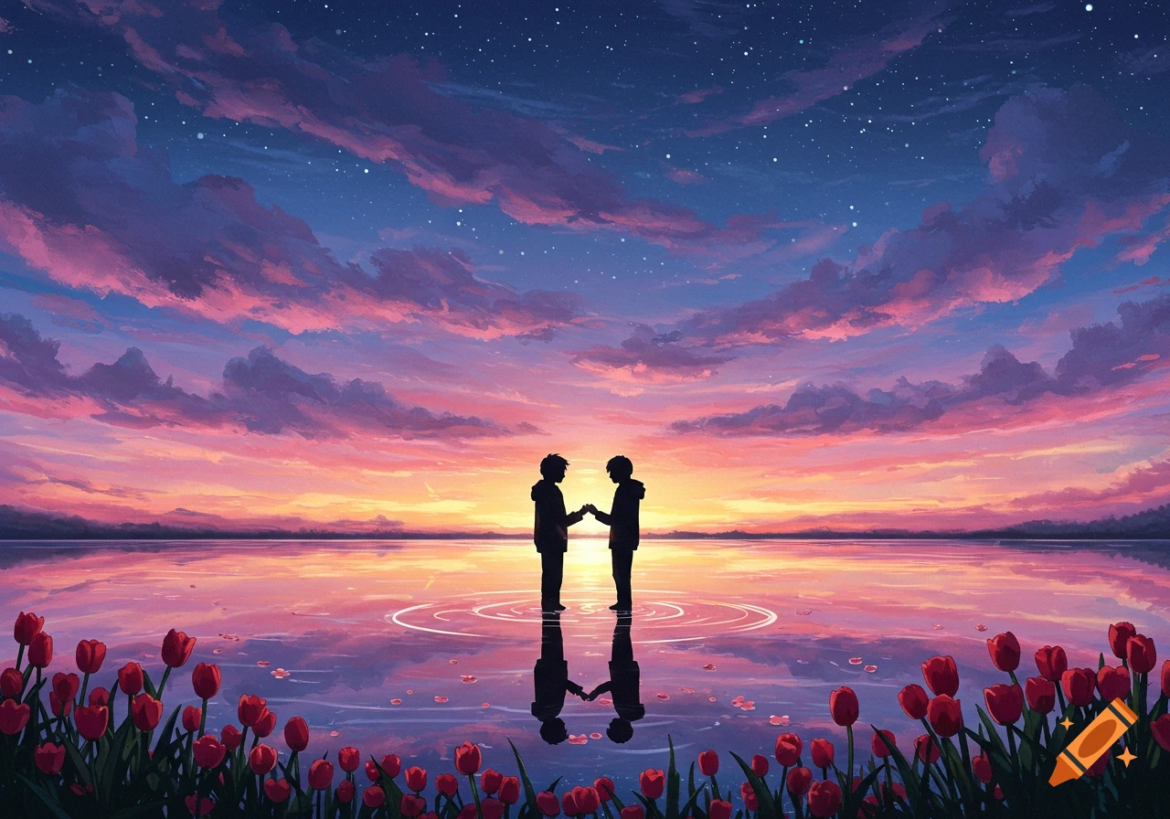 Two silhouetted figures hold hands in tranquil water reflecting a vibrant pink and orange sunset sky. Red tulips in foreground. Digital illustration.