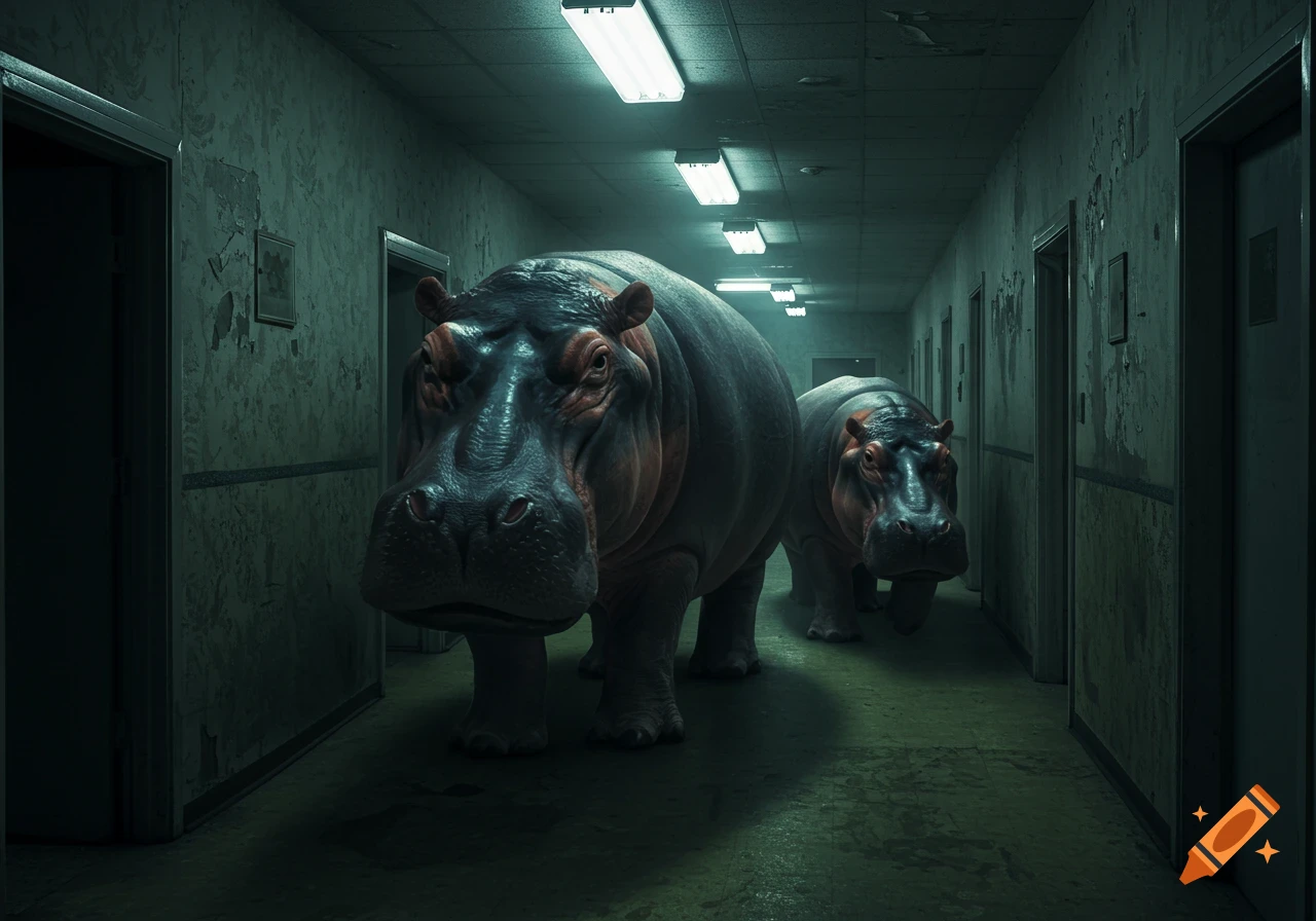 Two hippos walk down a long, dimly lit, decaying hospital-like hallway with peeling walls and fluorescent lights, creating an eerie scene.
