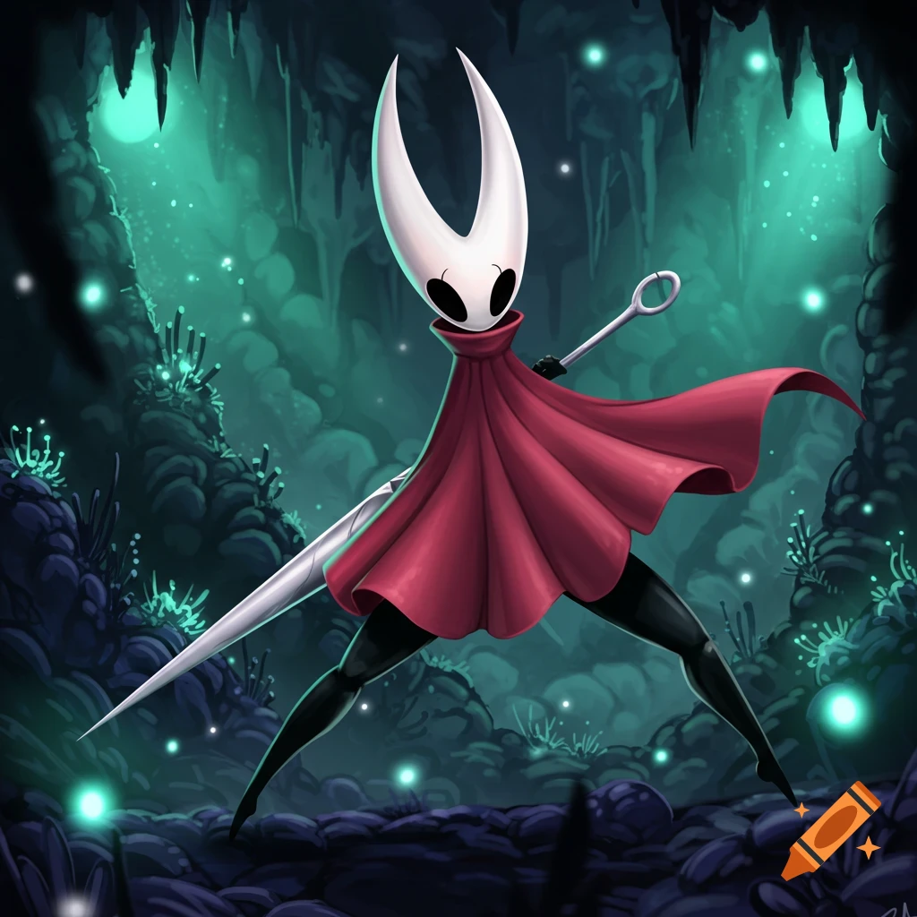 Hornet from Hollow Knight, a white-masked insectoid warrior with a red cloak and needle, stands in a glowing green cave.