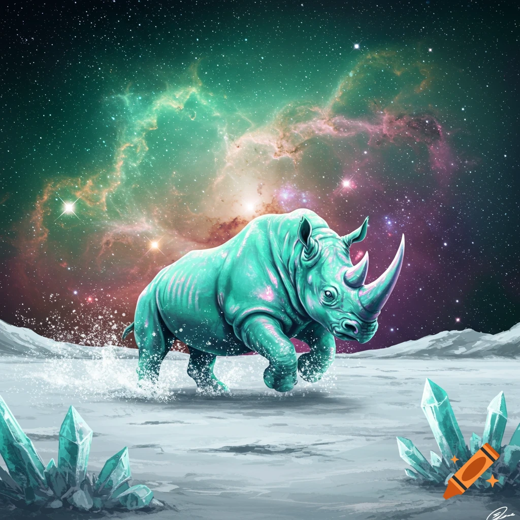 A vibrant teal rhino charges through a snowy alien landscape with glowing crystals under a colorful galaxy.