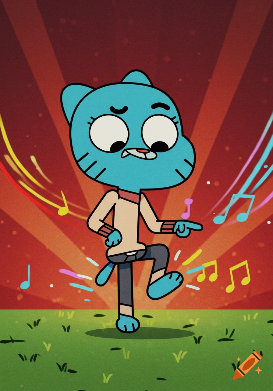 Gumball Watterson, a blue cartoon cat, dances with musical notes in a red and green setting.