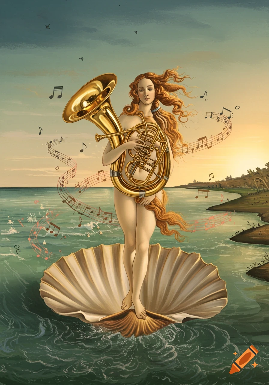 Artistic illustration of Venus, nude on a seashell in the ocean, playing a golden brass instrument with musical notes.