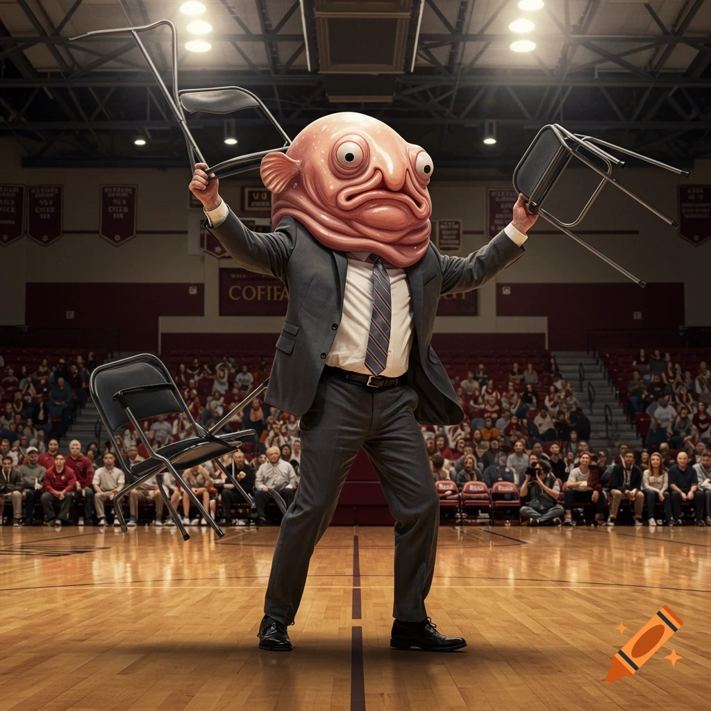 A man with a blobfish head in a suit throws a folding chair on a basketball court with a crowd.