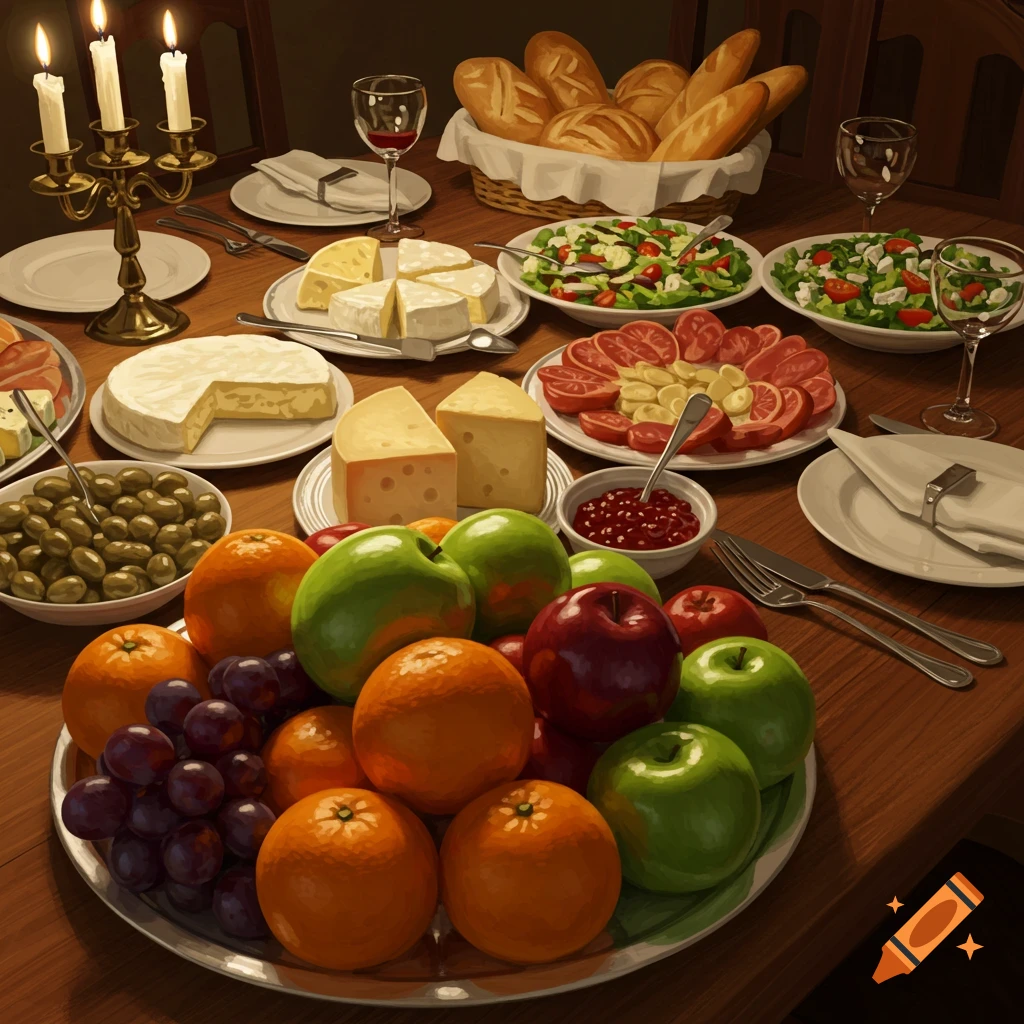 A dining table laden with various foods: cheese, bread, fruit, olives, salads, and wine glasses, illuminated by candles.
