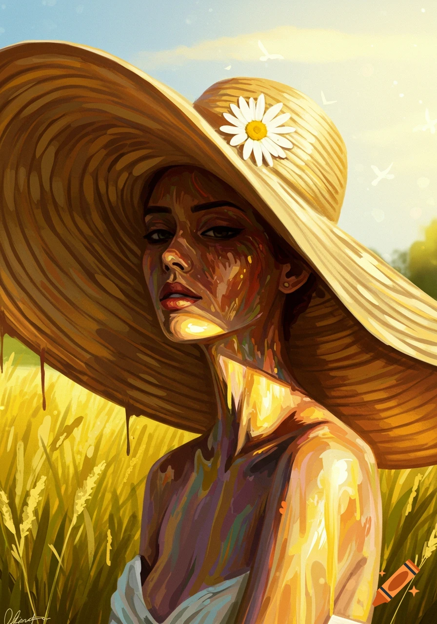 Stylized painting of a woman in a large straw sun hat, with dripping paint on her skin, in a sunny wheat field.