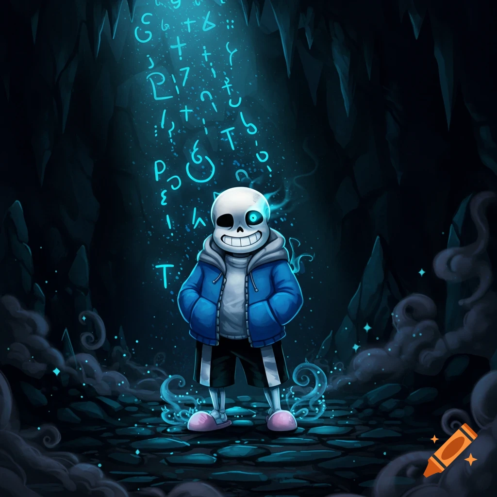 A stylized illustration of Sans from Undertale, a smiling skeleton in a blue jacket, standing in a dark, glowing cave with mysterious blue symbols falling from above.