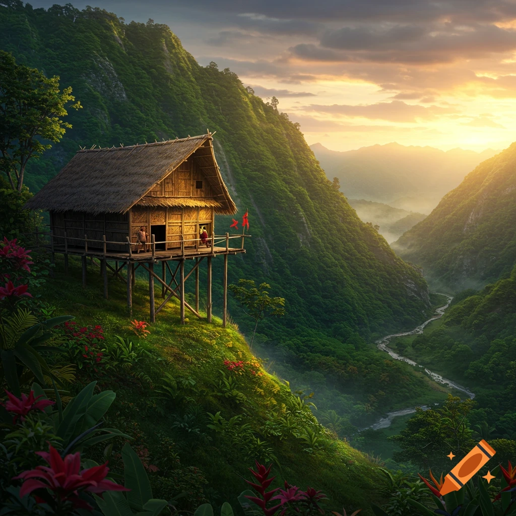 A thatched-roof stilt house on a lush green mountain overlooks a river winding through a misty valley at sunset.