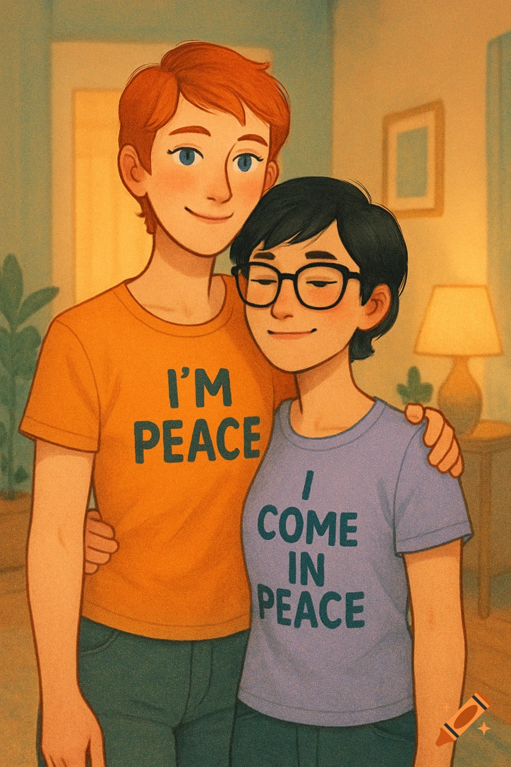 Digital illustration of two women hugging, one redhead in an orange 'I'M PEACE' shirt, and a black-haired woman in a purple 'I COME IN PEACE' shirt.