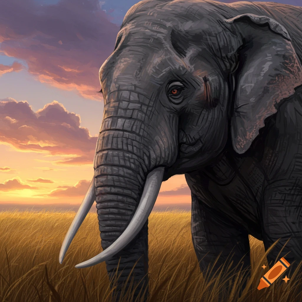 Close-up of a large elephant with tusks in a golden field at sunset, detailed illustration.