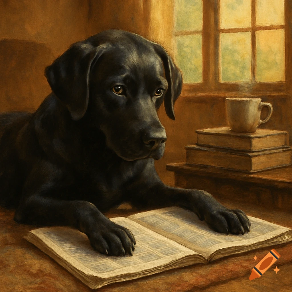 A black Labrador dog with paws on an open book, looking thoughtful, next to a window and steaming cup, in a classic painting style.