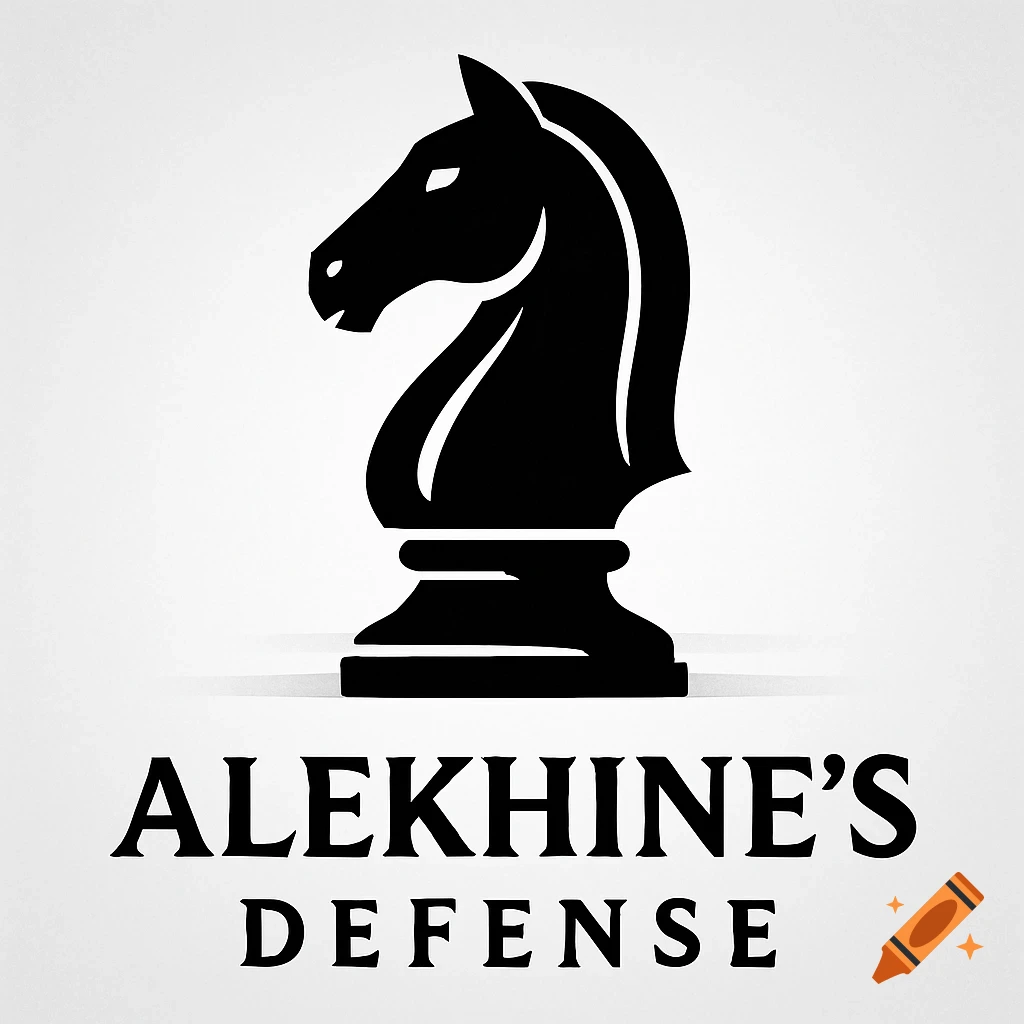 A black silhouette logo of a chess knight on a white background with the words "ALEKHINE'S DEFENSE" in black text below it.