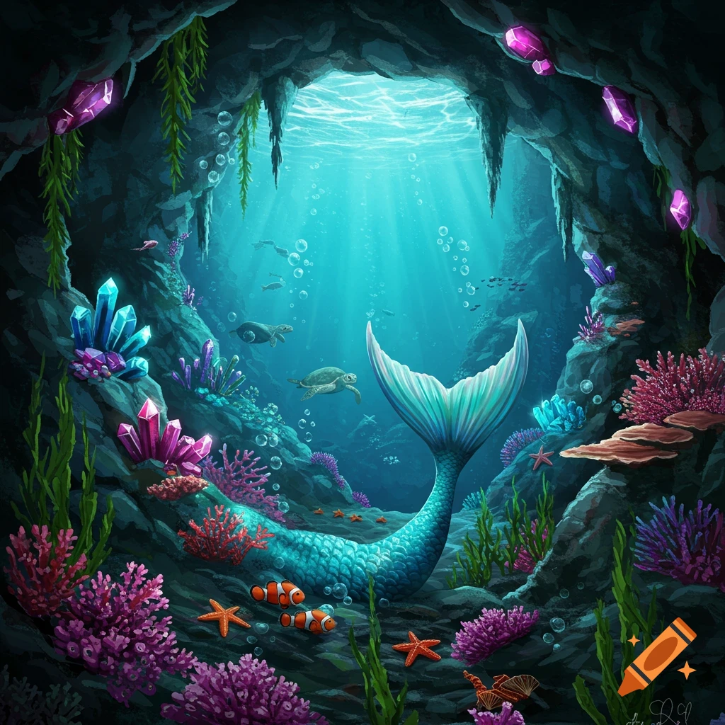 An enchanting underwater cave illustration with a mermaid tail, colorful coral, shimmering gemstones, clownfish, and sea turtles, bathed in light.
