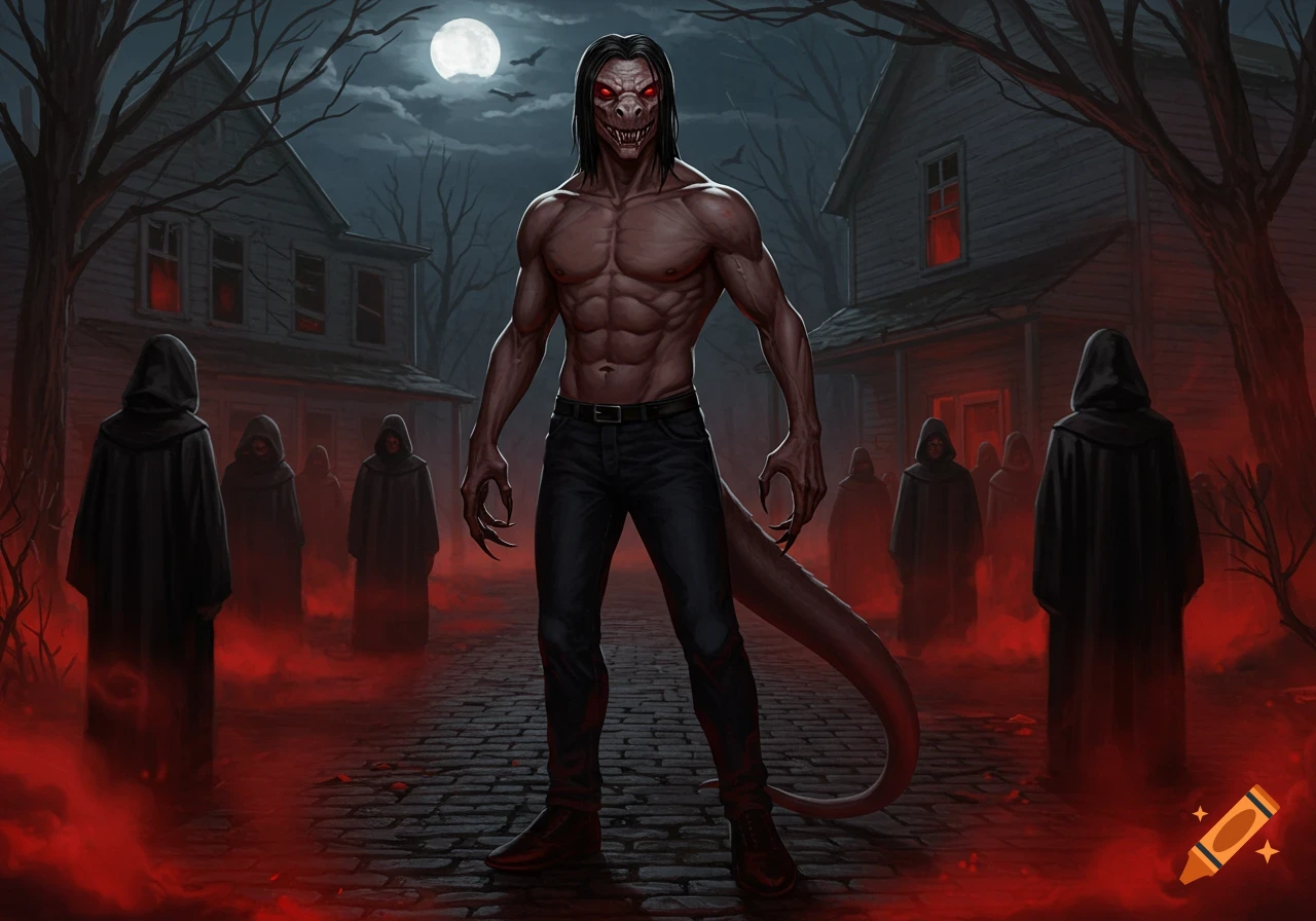 A shirtless, muscular reptilian humanoid with claws and a tail stands in a creepy town at night with hooded figures and red mist.