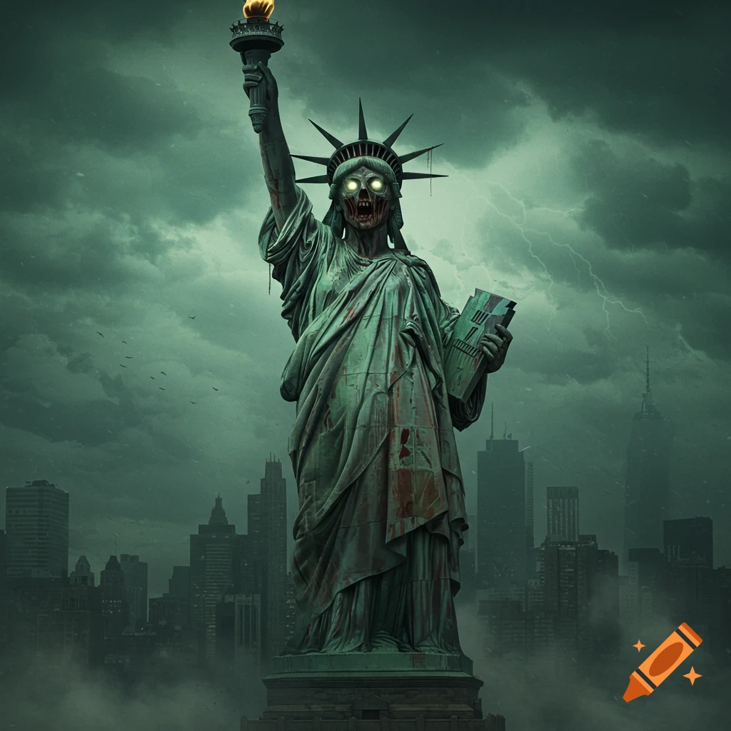 A dark, atmospheric image of the Statue of Liberty depicted as a zombie, with glowing eyes and tattered robes, standing over a misty, stormy city skyline with lightning in the background.