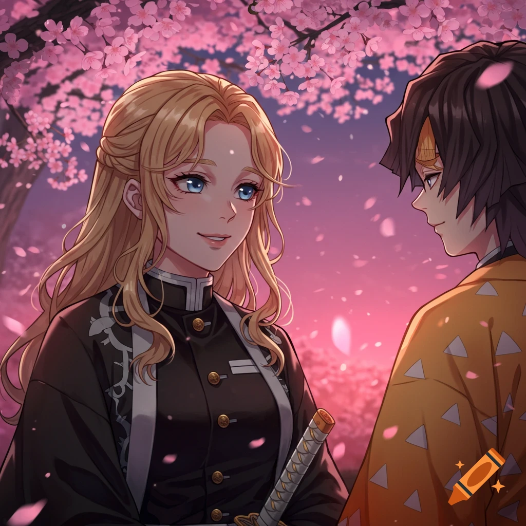 Anime-style blonde woman with blue eyes and black uniform smiling at a dark-haired man under pink cherry blossoms at sunset.