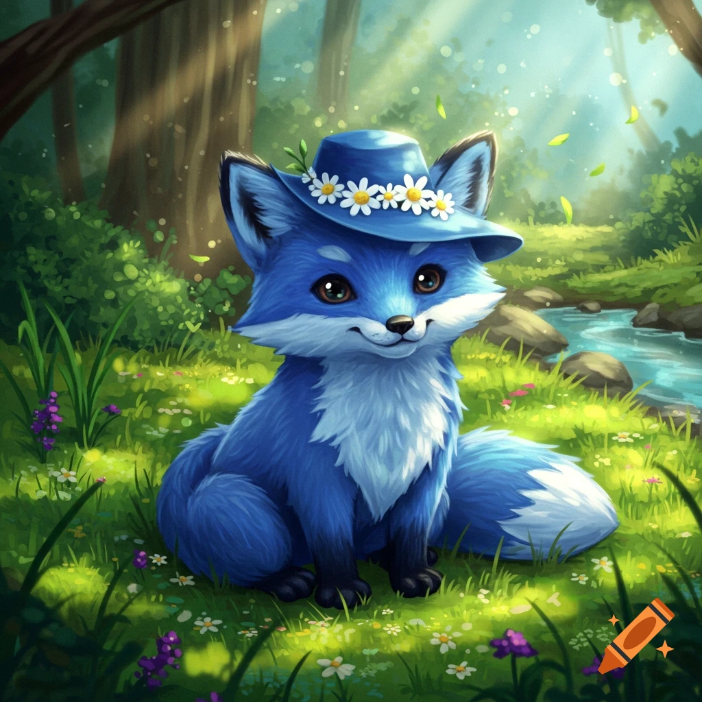 A cute blue fox with a daisy-adorned blue hat sits in a sunny, vibrant forest clearing by a stream, in a fantasy art style.