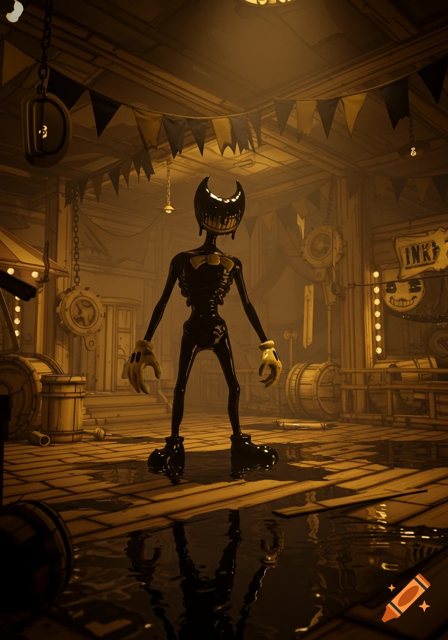 A 3D render of the Ink Demon from Bendy and the Ink Machine standing in a creepy, dilapidated carnival workshop with puddles of ink on the floor.