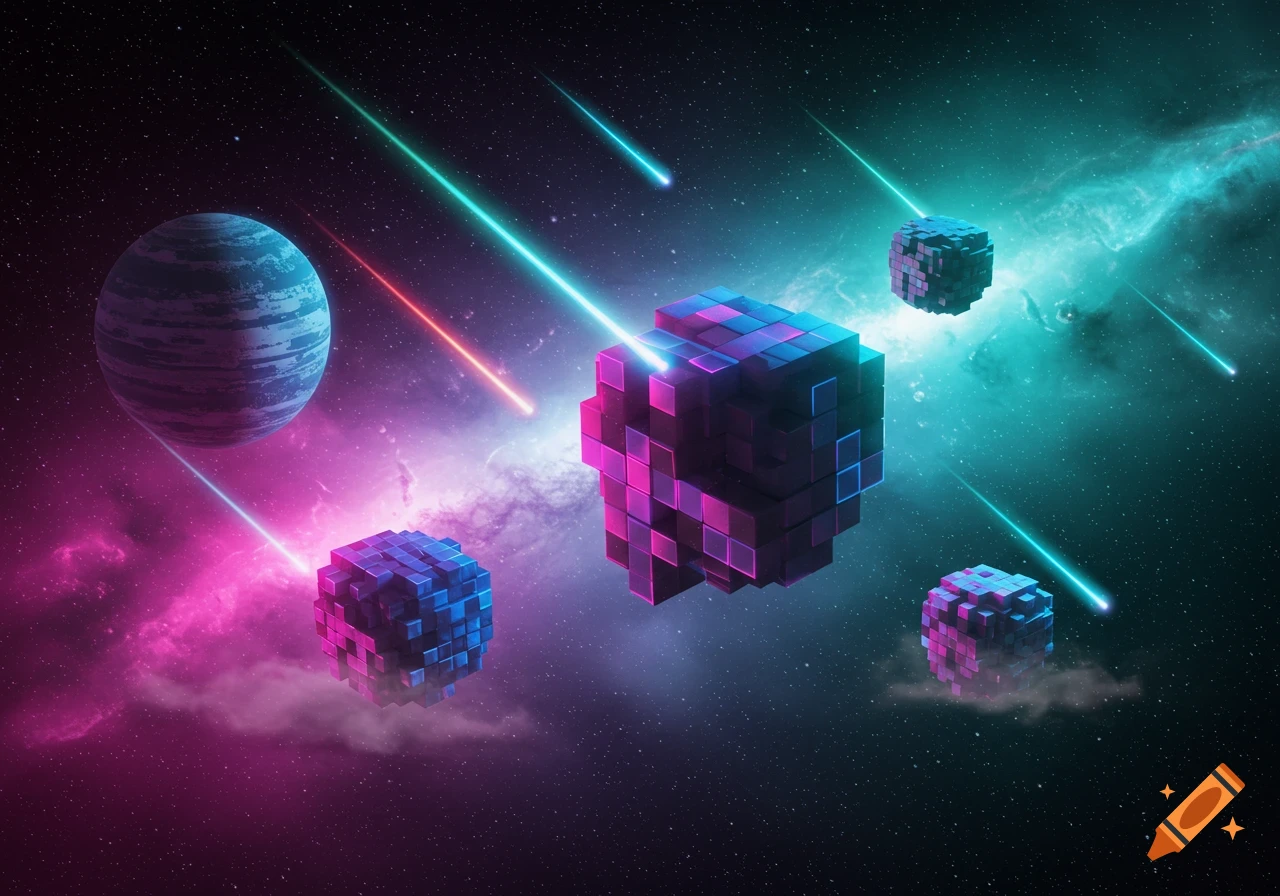 Vibrant cosmic scene with a striped planet, colorful nebulas, shooting stars, and glowing pixelated cubes floating in space.