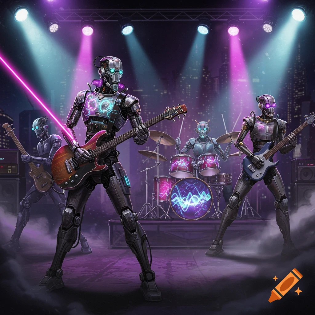 A robot rock band performs on stage with purple and blue lights and a city skyline background. Robots have neon accents, one with a laser guitar.