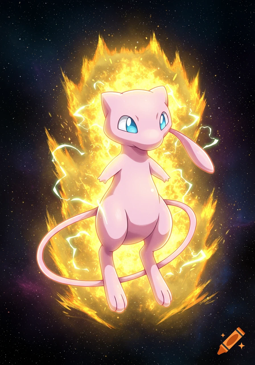 Mew, a pink Pokémon, engulfed in a powerful golden aura with lightning sparks against a starry space background in an anime style.