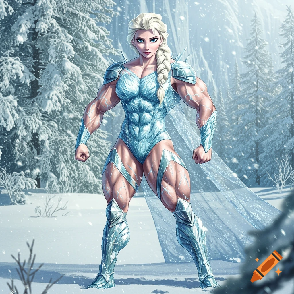 Muscular Elsa with a blonde braid, wearing a shimmering ice-blue bodysuit and armor, stands powerfully in a snowy forest.