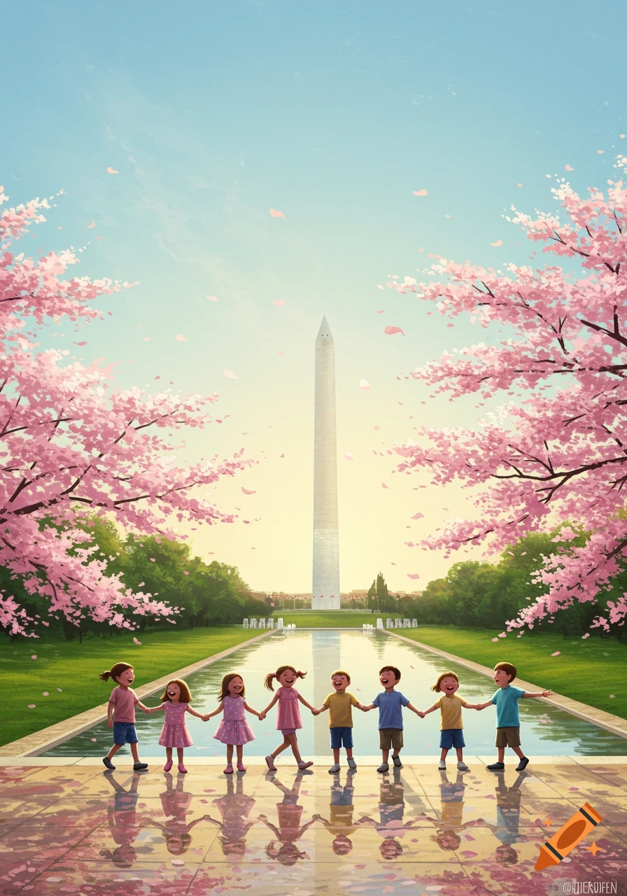 Illustration of children holding hands near a reflecting pool with the Washington Monument and cherry blossoms.