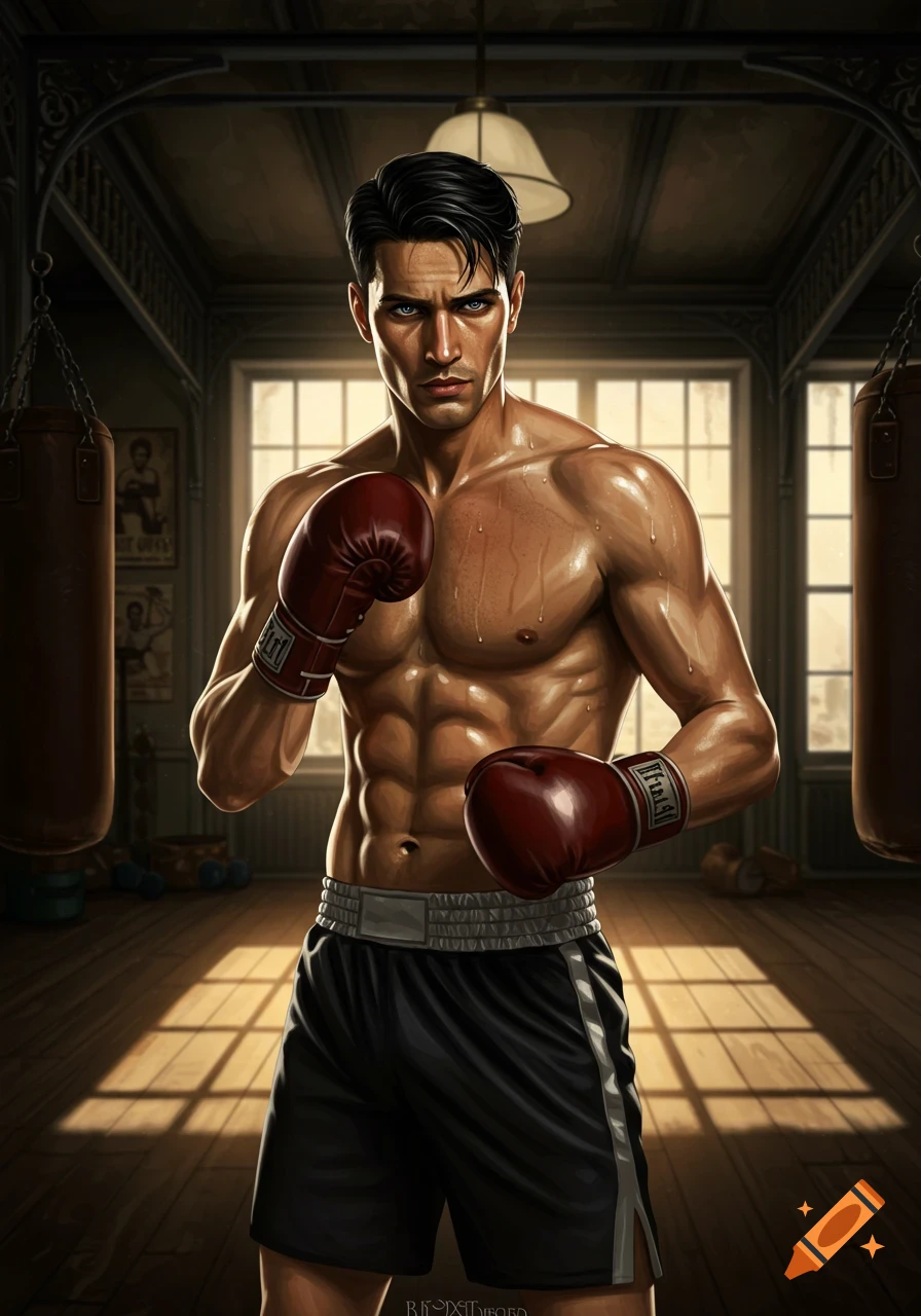 Muscular male boxer with dark hair and blue eyes, wearing red gloves and black shorts, stands in a dim boxing gym with punching bags.