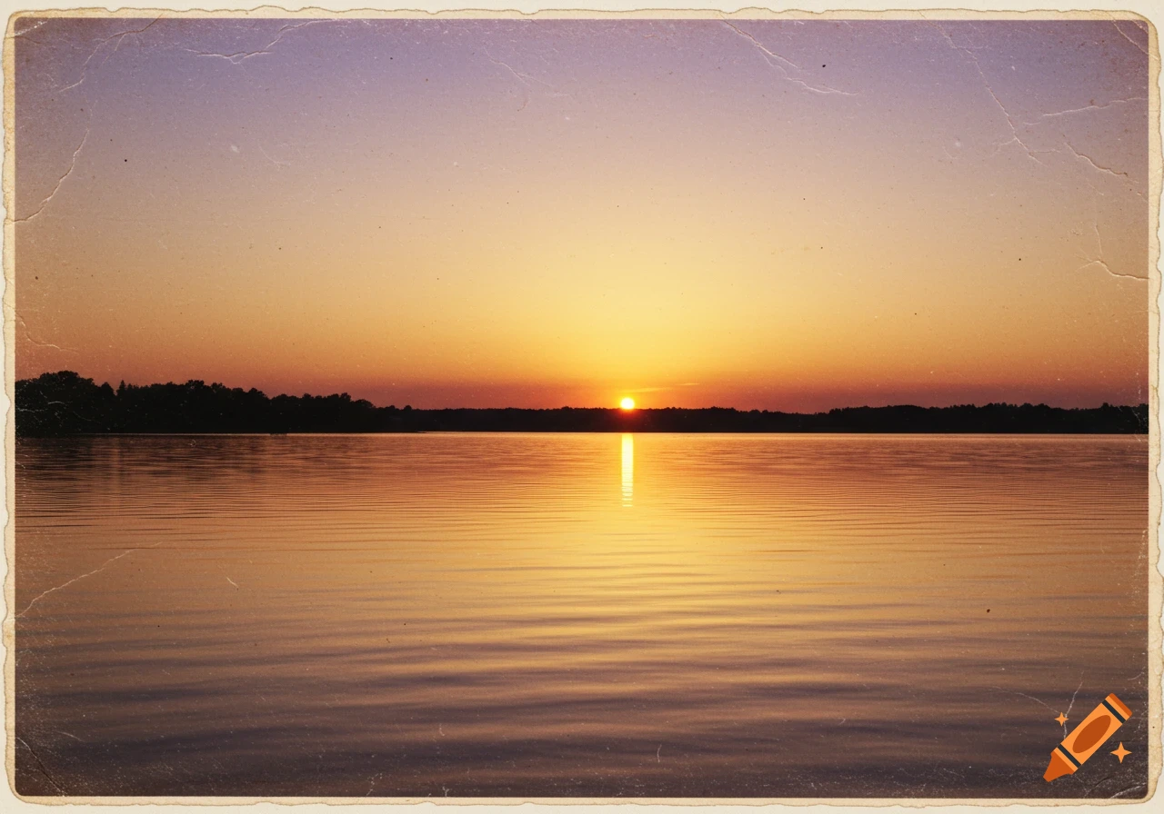 Faded, discolored, and weathered photograph of a vibrant orange sunset reflecting over a calm lake with a dark tree line.