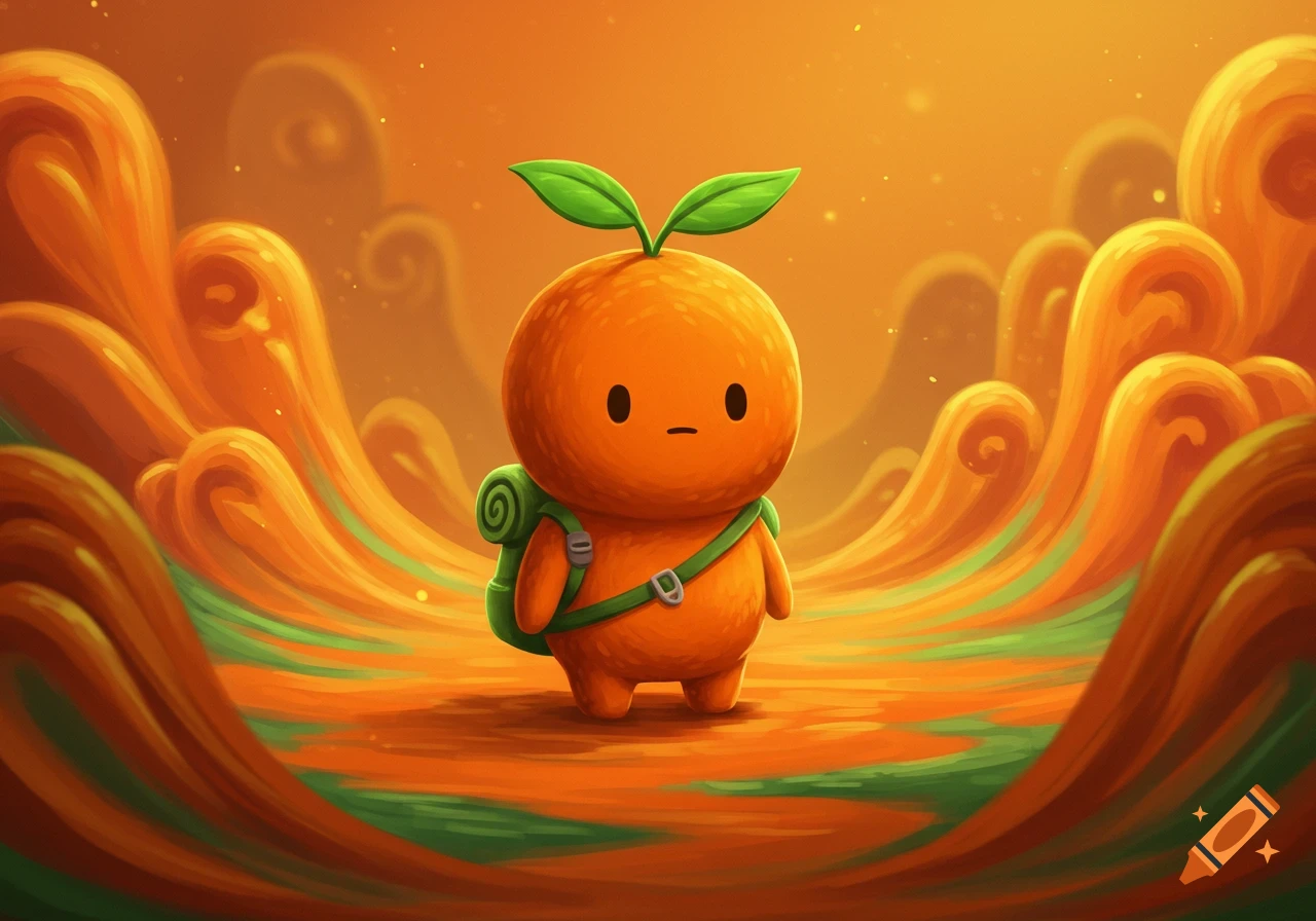 A cute, round orange creature with green leaves on its head and a green backpack stands in a whimsical orange and green landscape.