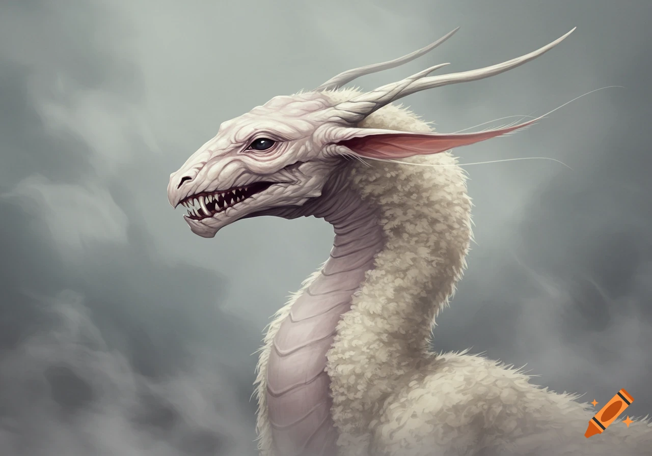 A pale, fleece-necked dragon with sharp teeth and small dark eyes, depicted in a detailed side profile illustration.