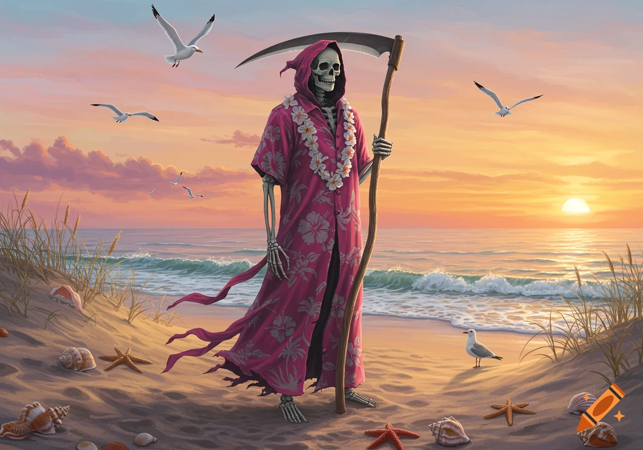 A grim reaper in a pink Hawaiian shirt and lei stands on a sandy beach at sunset, holding a scythe, with seagulls flying and seashells scattered around.