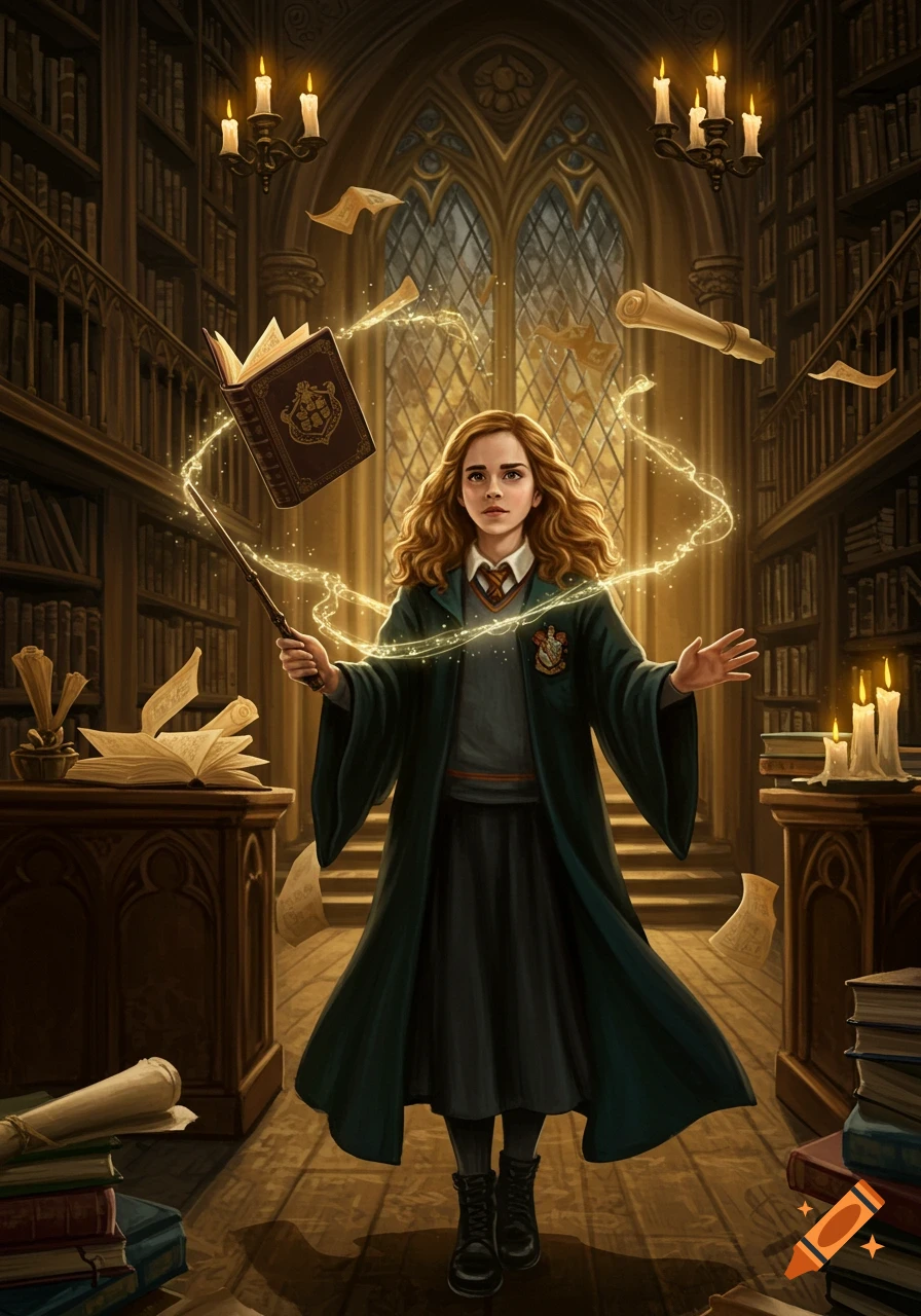 Hermione Granger in a Hogwarts library, casting a spell with her wand, making books and papers float in a magical glow.