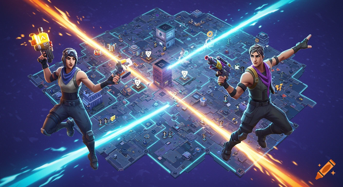Two stylized Fortnite-like characters with sci-fi guns, firing beams over a detailed isometric game map.