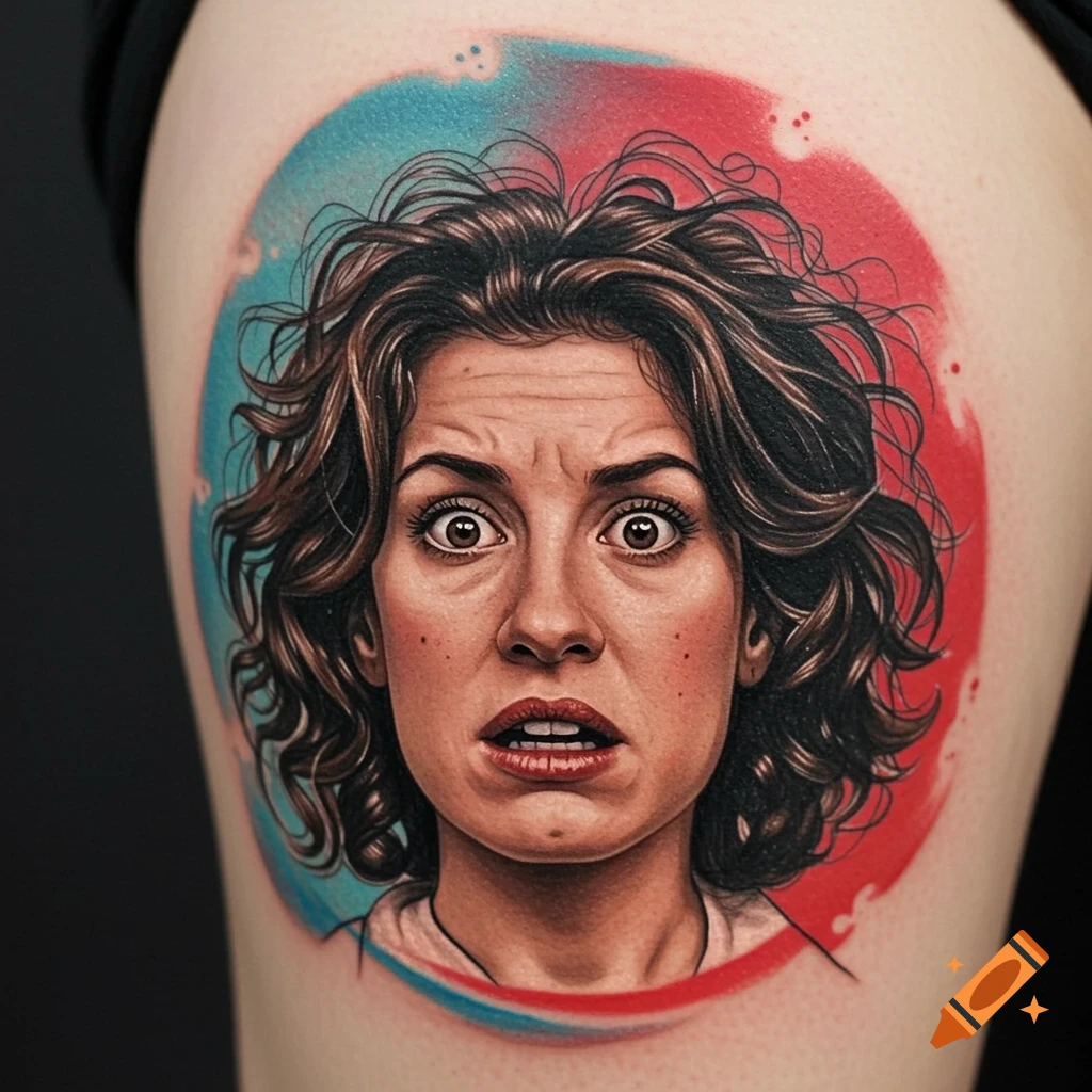 Detailed realistic tattoo of a surprised woman's face with wide eyes, open mouth, and curly brown hair, set against a red and blue circular background on skin.