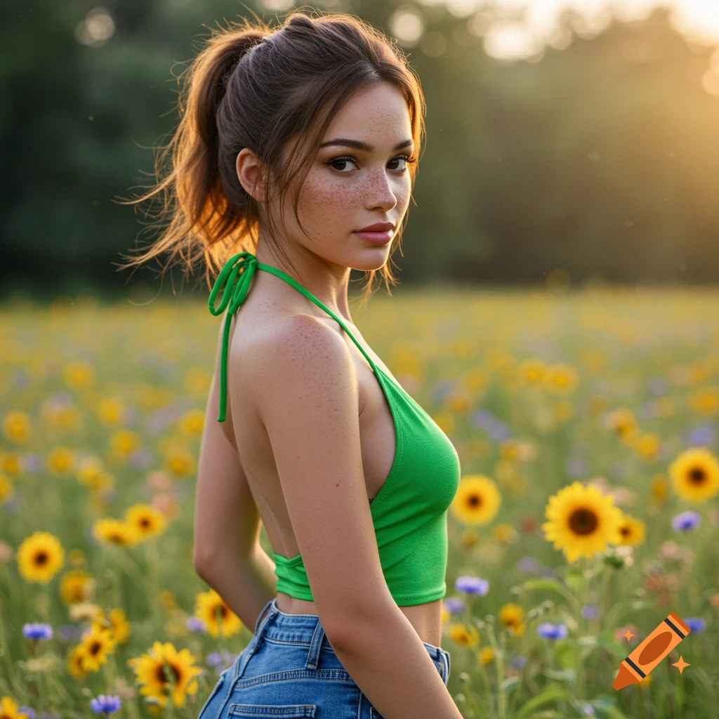 Photorealistic young woman with a ponytail, freckles, green halter top, and jeans in a sunny field of yellow flowers.