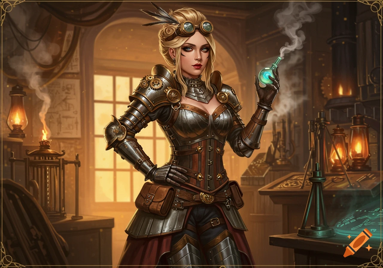 A blonde woman in intricate steampunk armor with goggles holds a glowing green vial in a cluttered workshop.