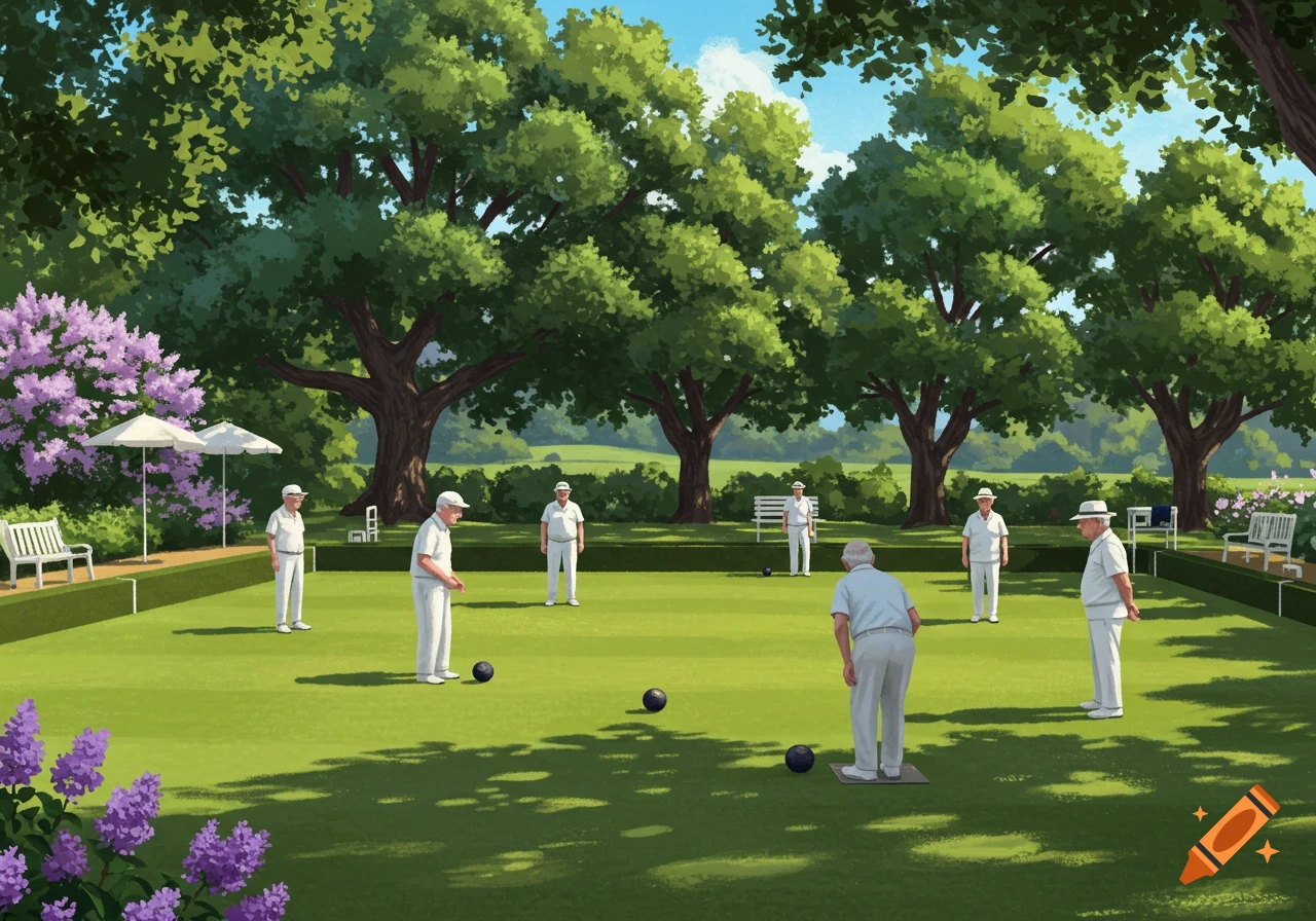Illustrated scene of men playing lawn bowls on a bright green lawn under large trees and a blue sky.