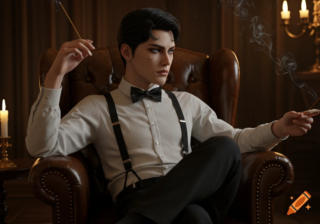 A handsome man with dark hair in a 1920s style, wearing a white shirt, black suspenders, and bow tie, sits in a leather chair, holding a smoking incense stick.