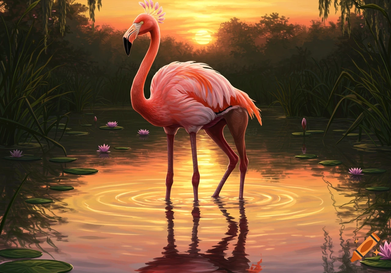 A fantastic pink centaur-flamingo hybrid bird with four legs stands in a pond at sunset, surrounded by lily pads and green foliage.