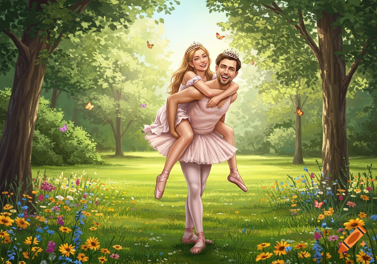 A man in a pink tutu piggybacks a smiling woman in a whimsical forest clearing with flowers and butterflies, digital painting.