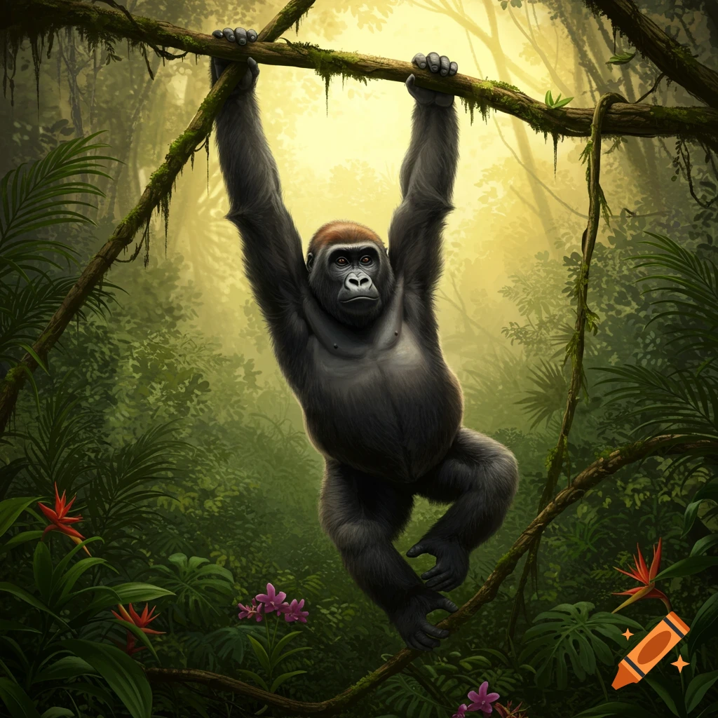 Photorealistic image of a gorilla hanging from a mossy branch in a lush, sunlit jungle.