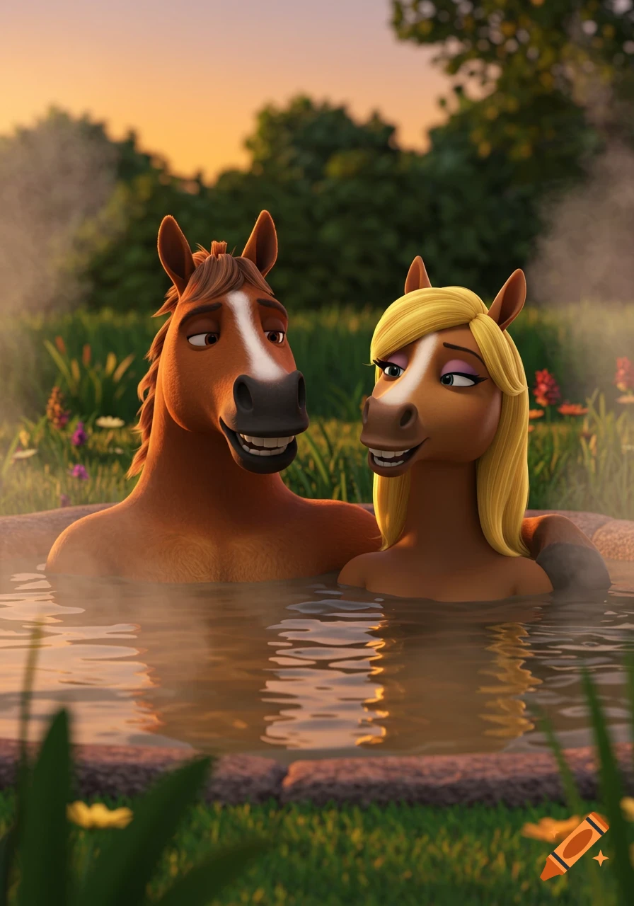 A male and female anthropomorphic horse couple relaxing happily in a steaming outdoor hot tub at sunset, 3D animation.