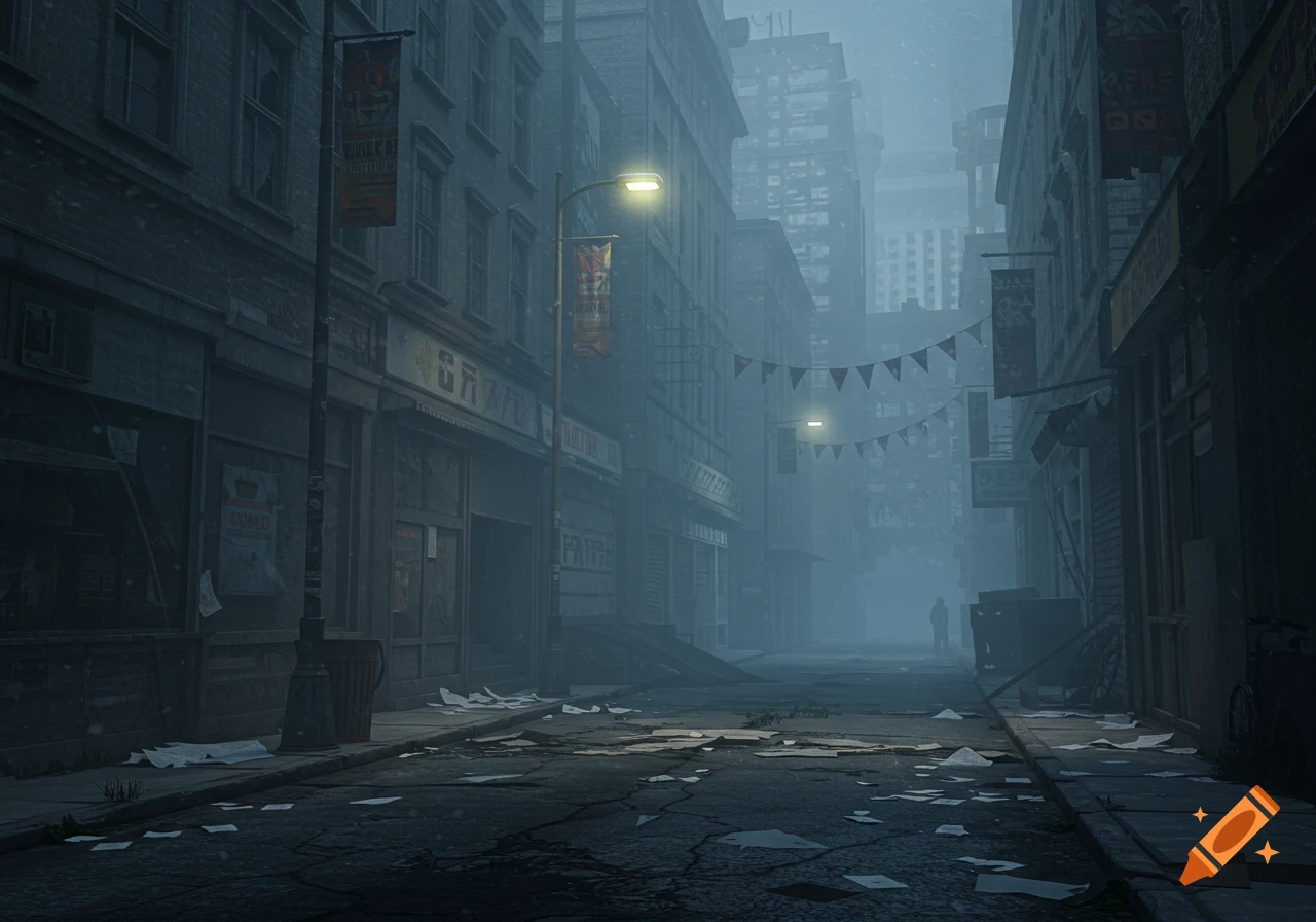 A dark, foggy, abandoned city street at dusk, with old buildings, scattered trash, and a lone figure in the distance. Photorealistic style.