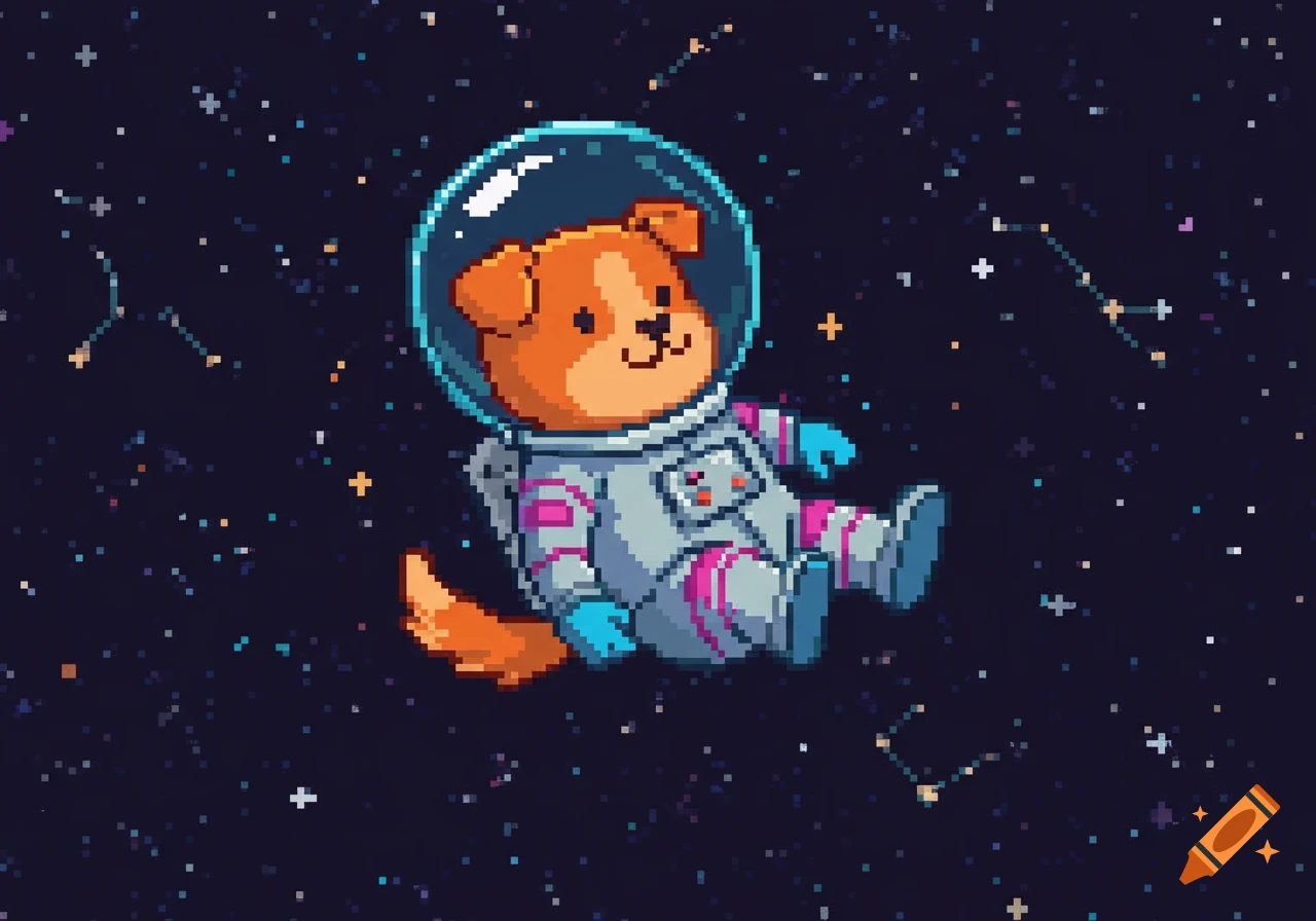 A cute pixel art orange dog in a gray and pink astronaut suit floats in a dark, star-filled space.