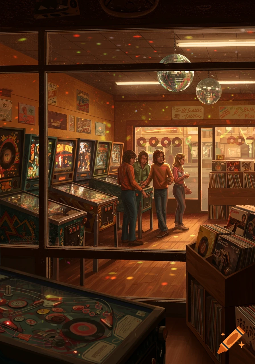 An old-fashioned arcade and vinyl record shop in warm light, with three people standing near pinball machines and shelves of records. Disco balls reflect light dots on the floor.