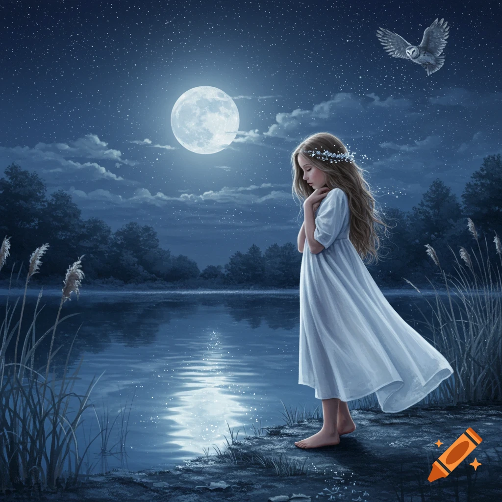A young girl in a white gown stands barefoot by a moonlit lake at night, an owl flying in the starry sky.