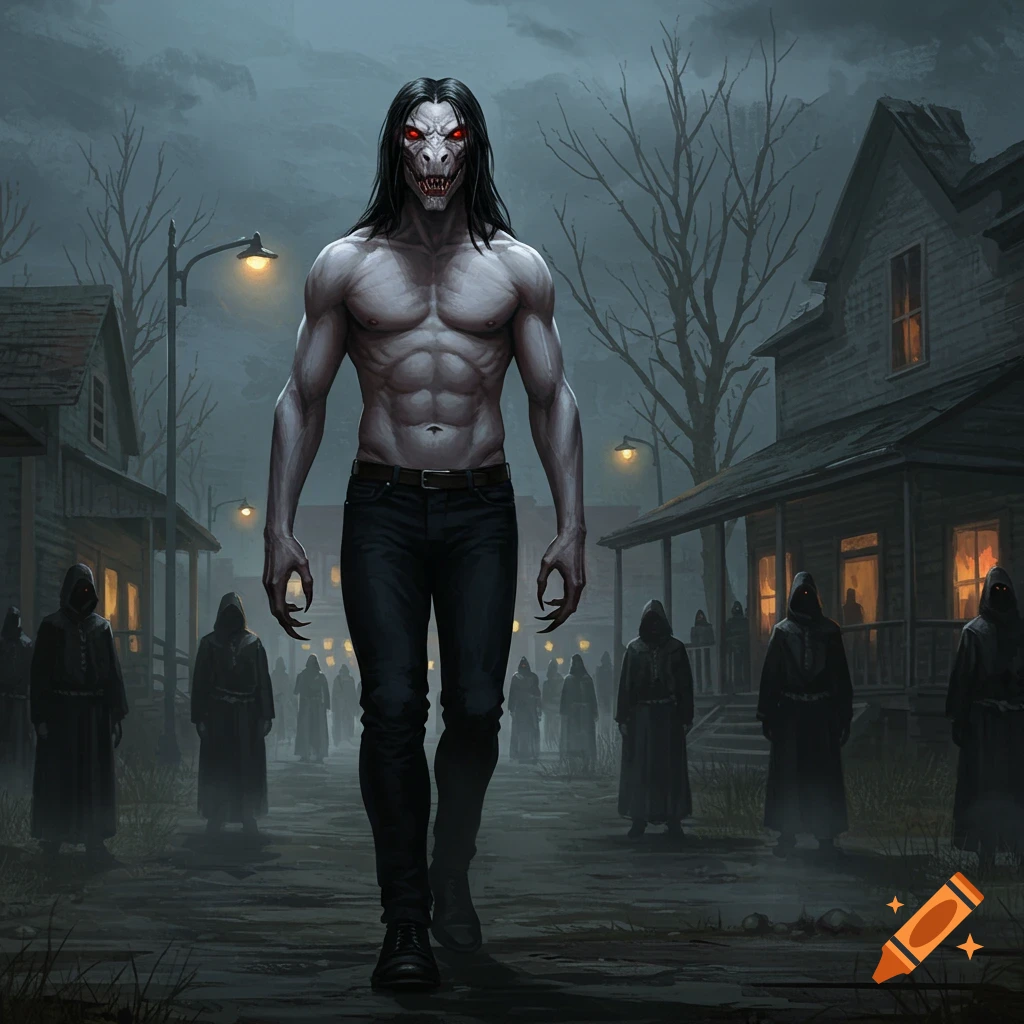 A pale, muscular reptilian humanoid with sharp teeth and red eyes, shirtless in black jeans, walks a dark street past hooded cultists.