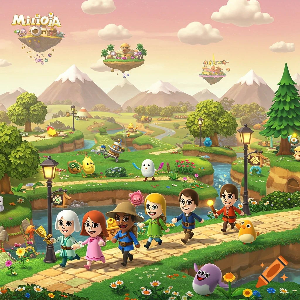 Cartoon Mii characters explore a vibrant fantasy landscape with mountains, rivers, and floating islands under a pastel sky.